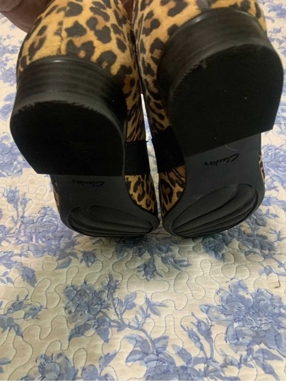 Clarks Leopard Print Slip-On Loafers with Black Elastic Cross Strap